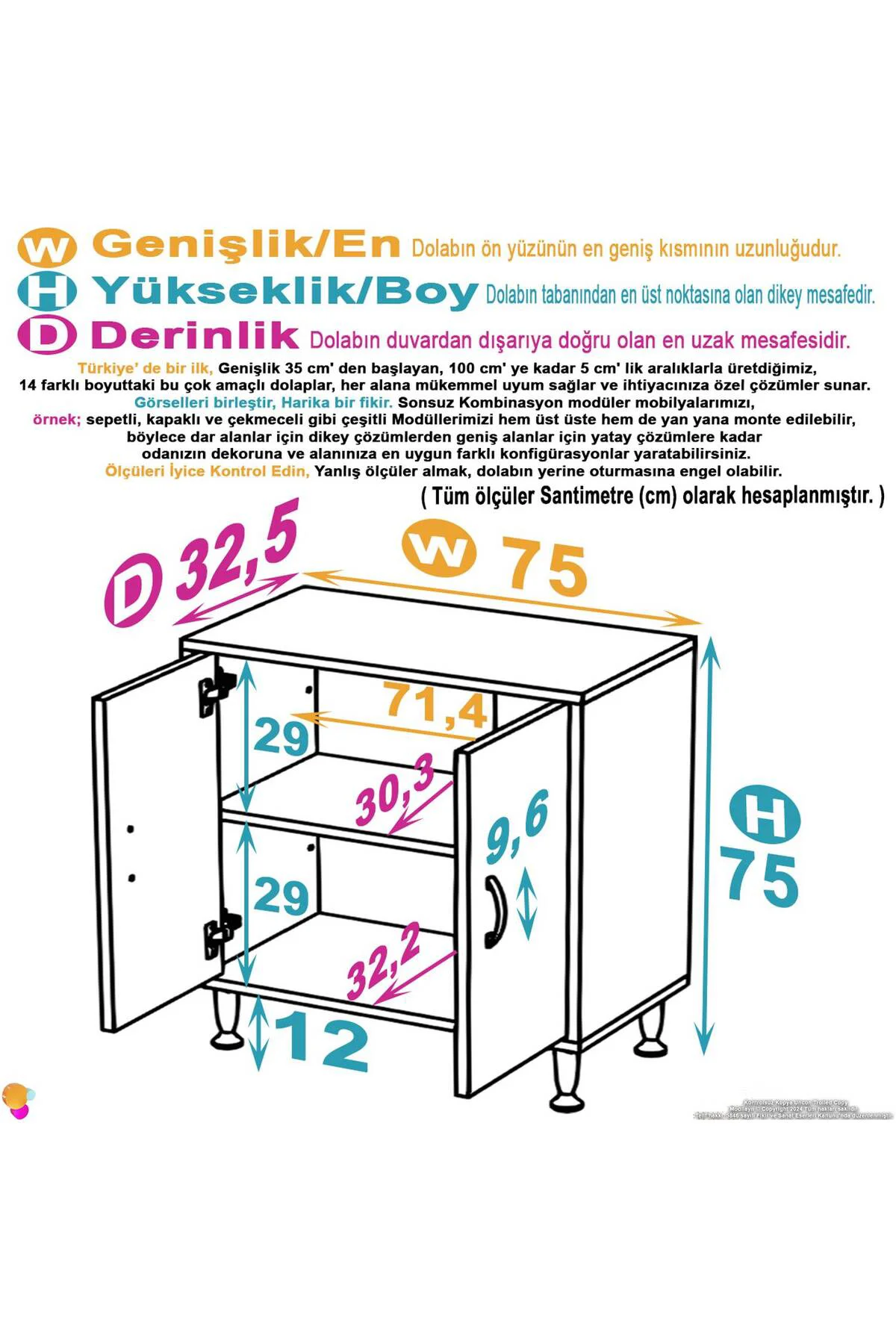 Arden 75 cm Beyaz 2 Bölmeli Banyo Düzenleyici Dolap 1 Raflı Çok A