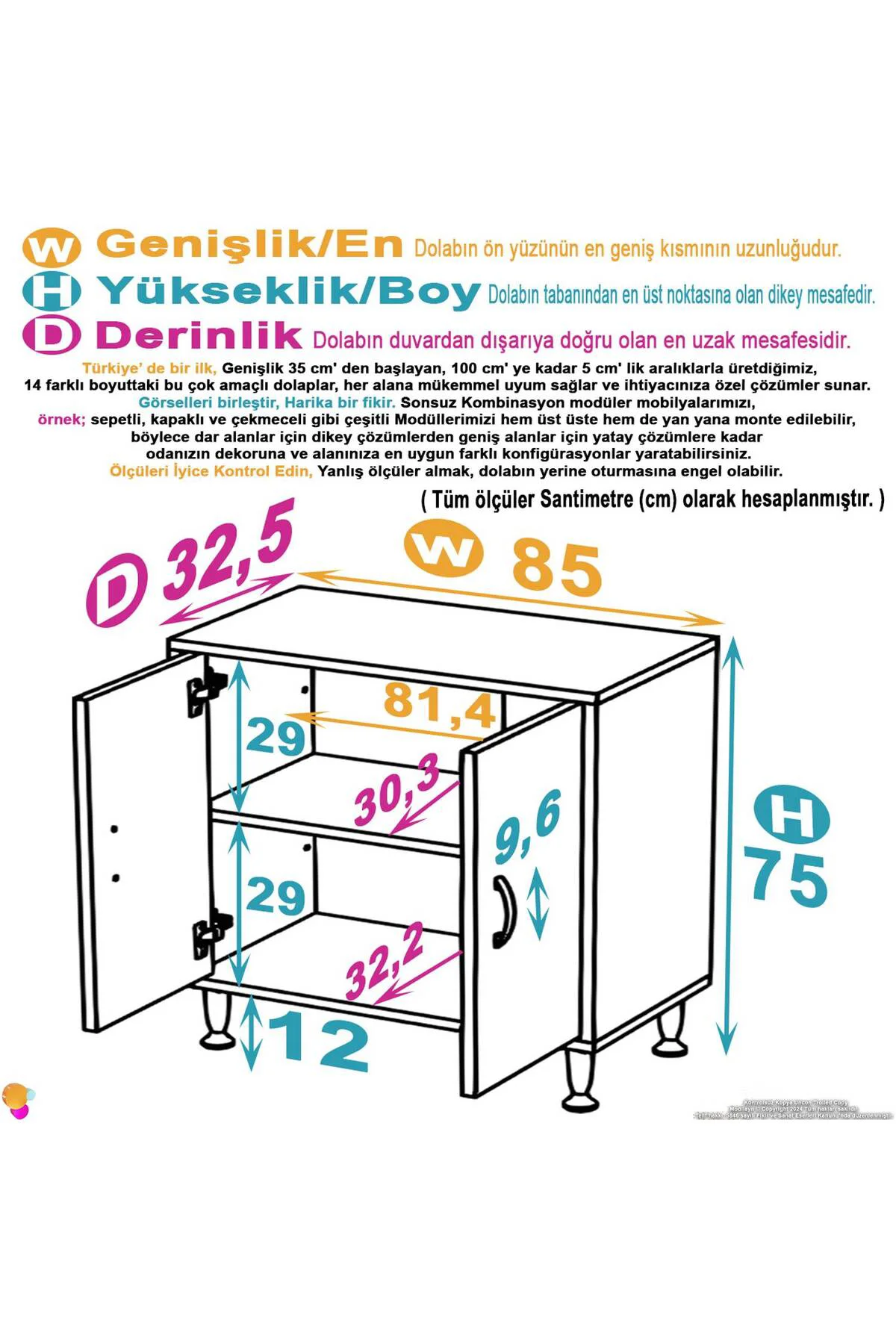 Arden 85 cm Beyaz 2 Bölmeli Banyo Düzenleyici Dolap 1 Raflı Çok A