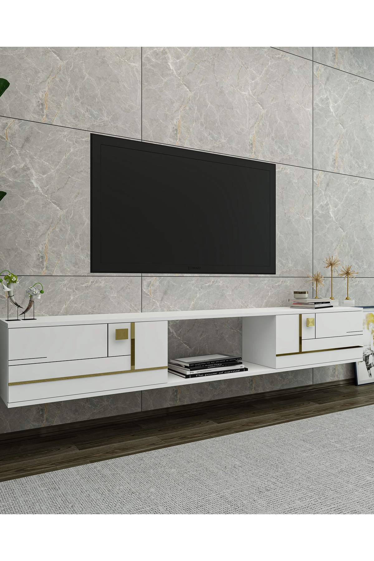 Cantek Dizayn Aredamct Duvara Montaj Tv Sehpasi Beyaz-Altin