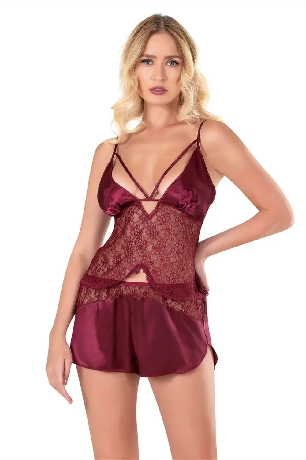 Arias Closet Bordo Saten Babydoll Şort Takımı Arias Closet Bordo Saten Babydoll Şort Takımı