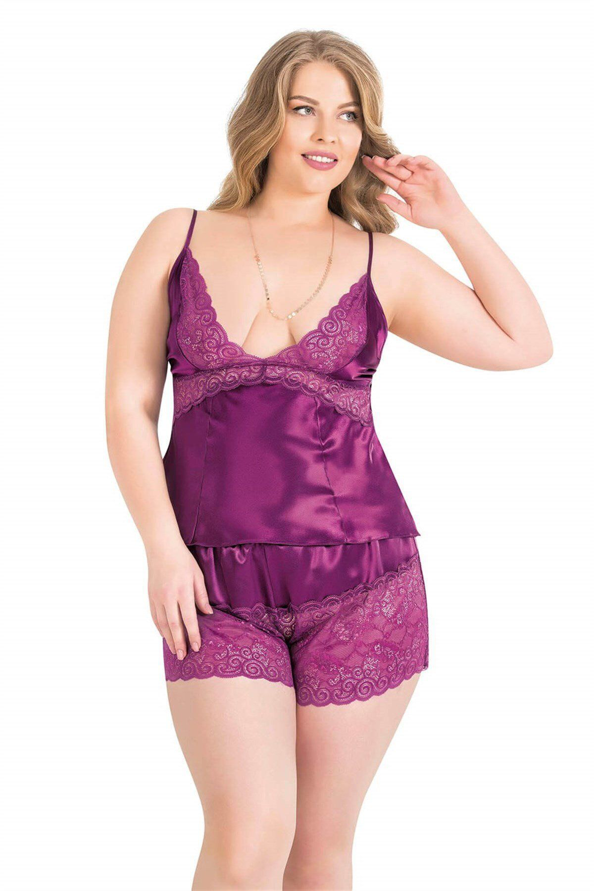 Aria's Closet  Büyük Beden Mor Saten Babydoll Şort Takimi