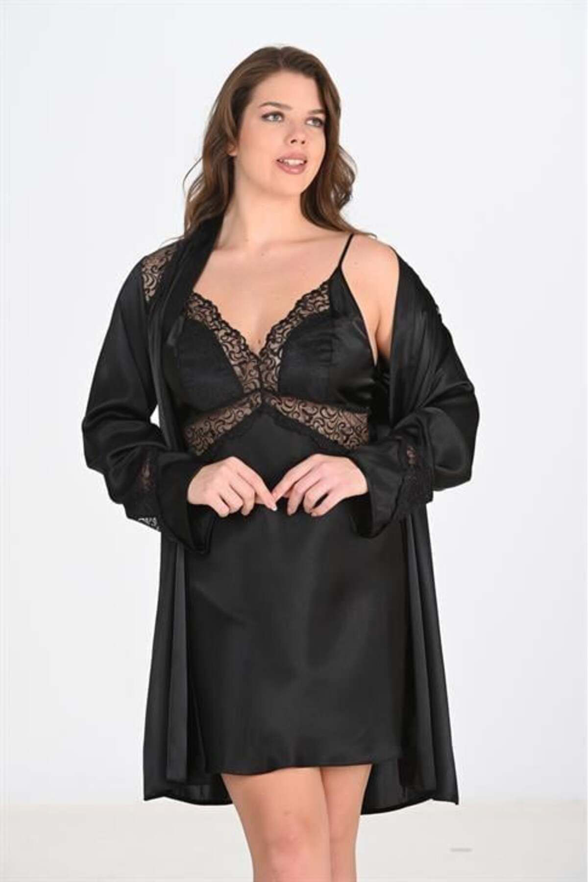 Aria's Closet Arias Closet Büyük Beden 2Li Siyah Sabahlik Takimi Bigsize Ozn-22