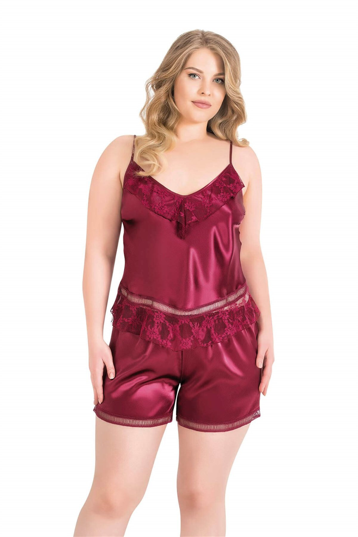 Aria's Closet  Büyük Beden Bordo Saten Babydoll Şort Takımı