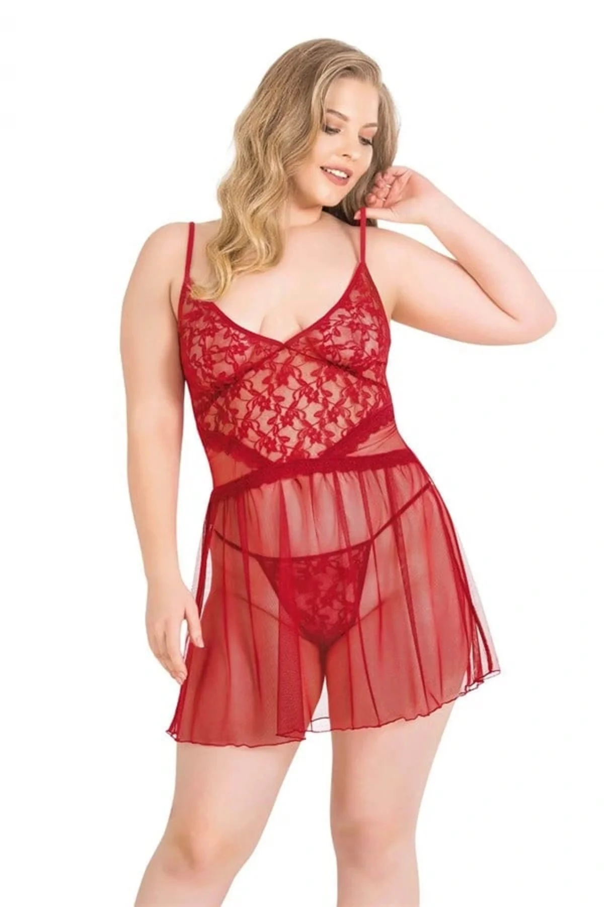 Arias Closet Büyük Beden Kırmızı Kısa Tül Gecelik