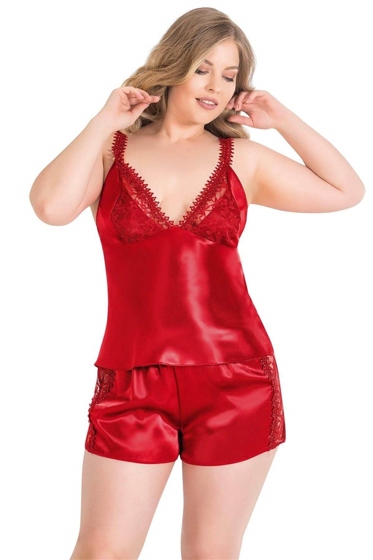Aria's Closet Arias Closet Büyük Beden Kırmızı Saten Babydoll Şort Takımı Ozn-1