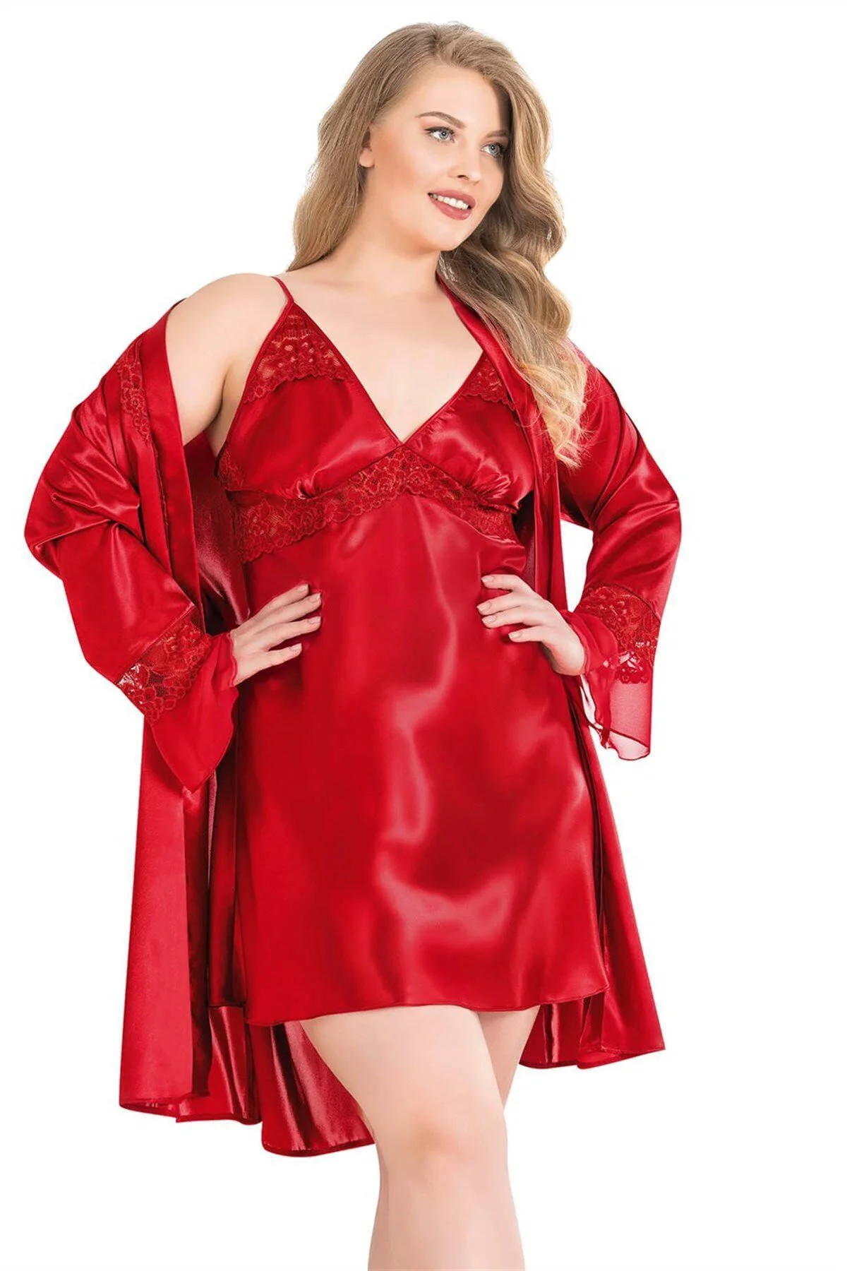 Arias Closet Büyük Beden Kırmızı Kısa İkili Saten Sabahlık Geceli