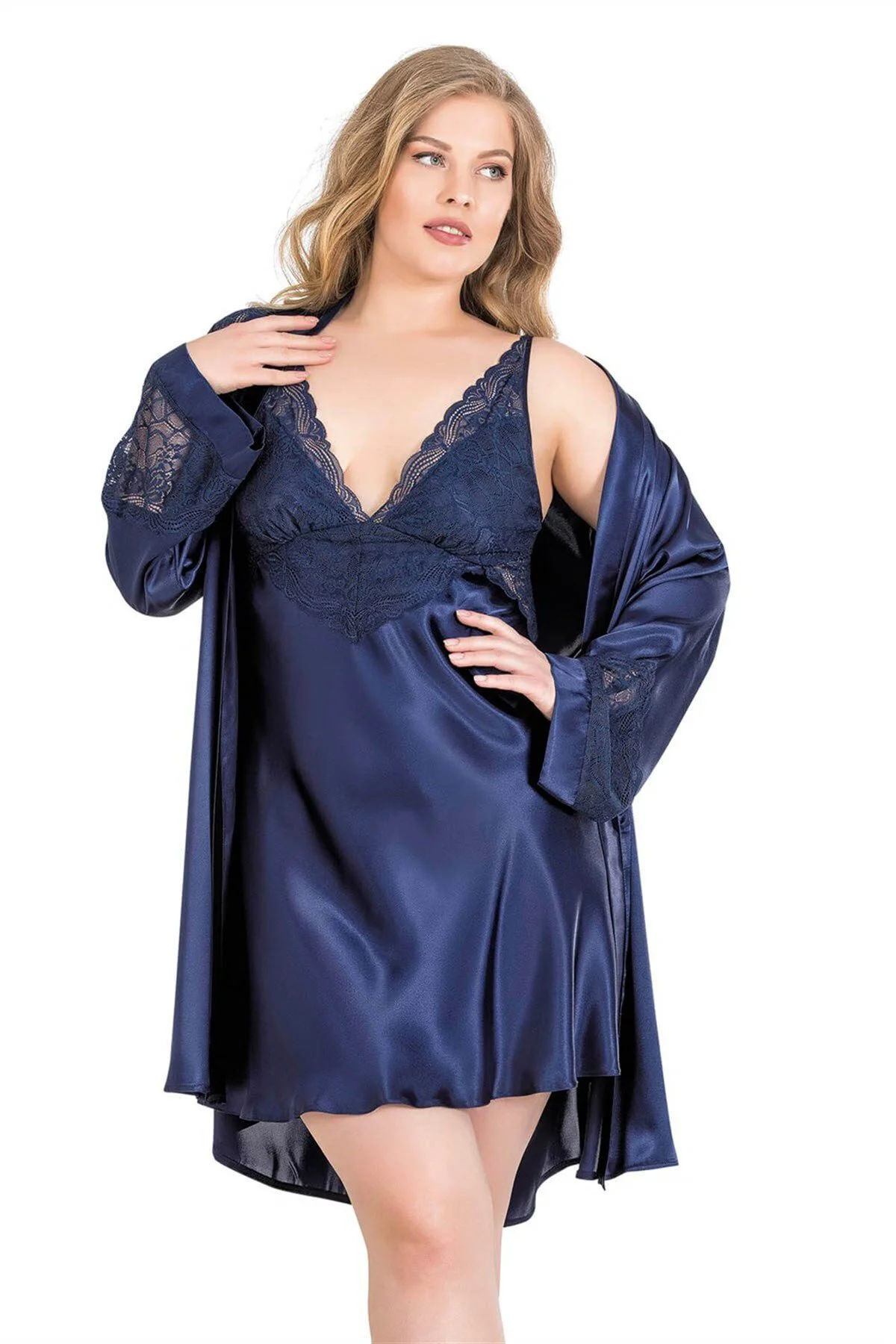 Arias Closet Büyük Beden Lacivert Kısa İkili Saten Sabahlık Gecelik Takımı