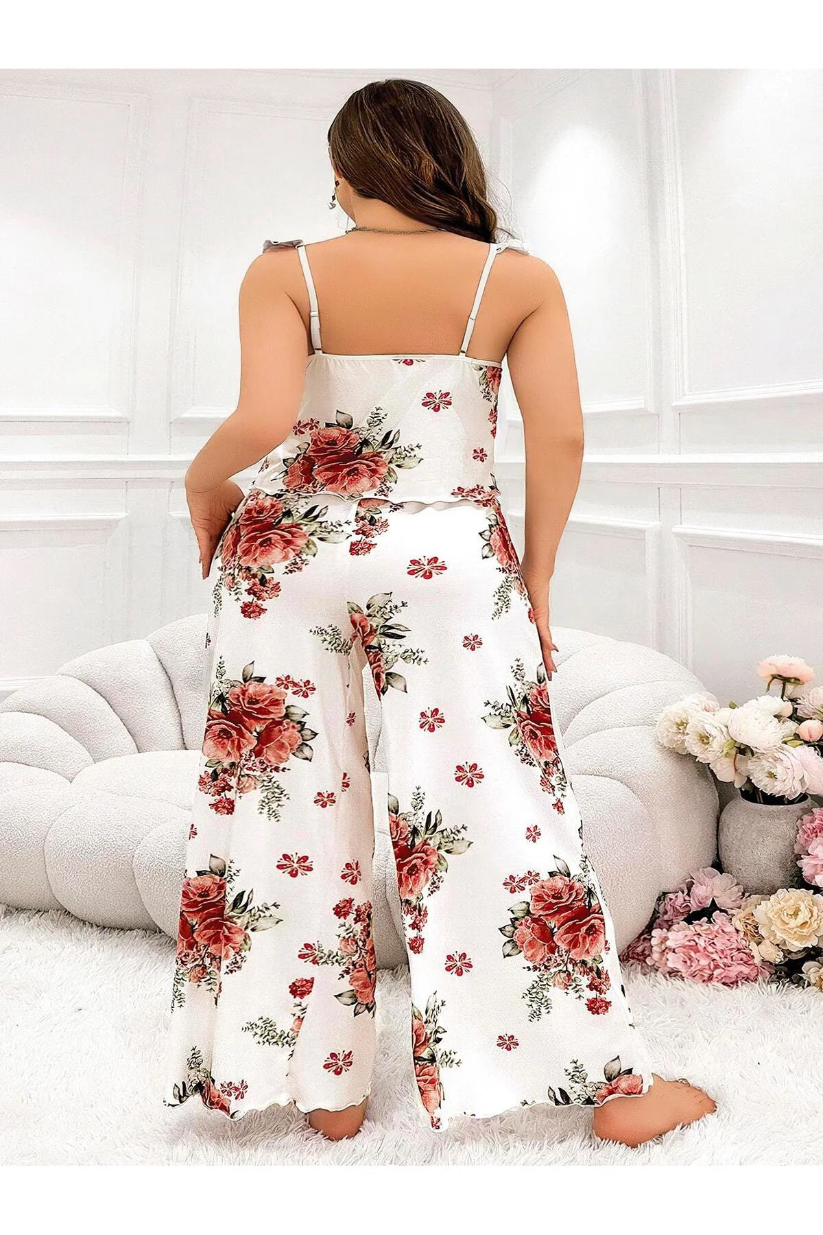 Arias Closet Büyük Beden Gül Desenli İnce Askılı Beyaz Salaş 2'li