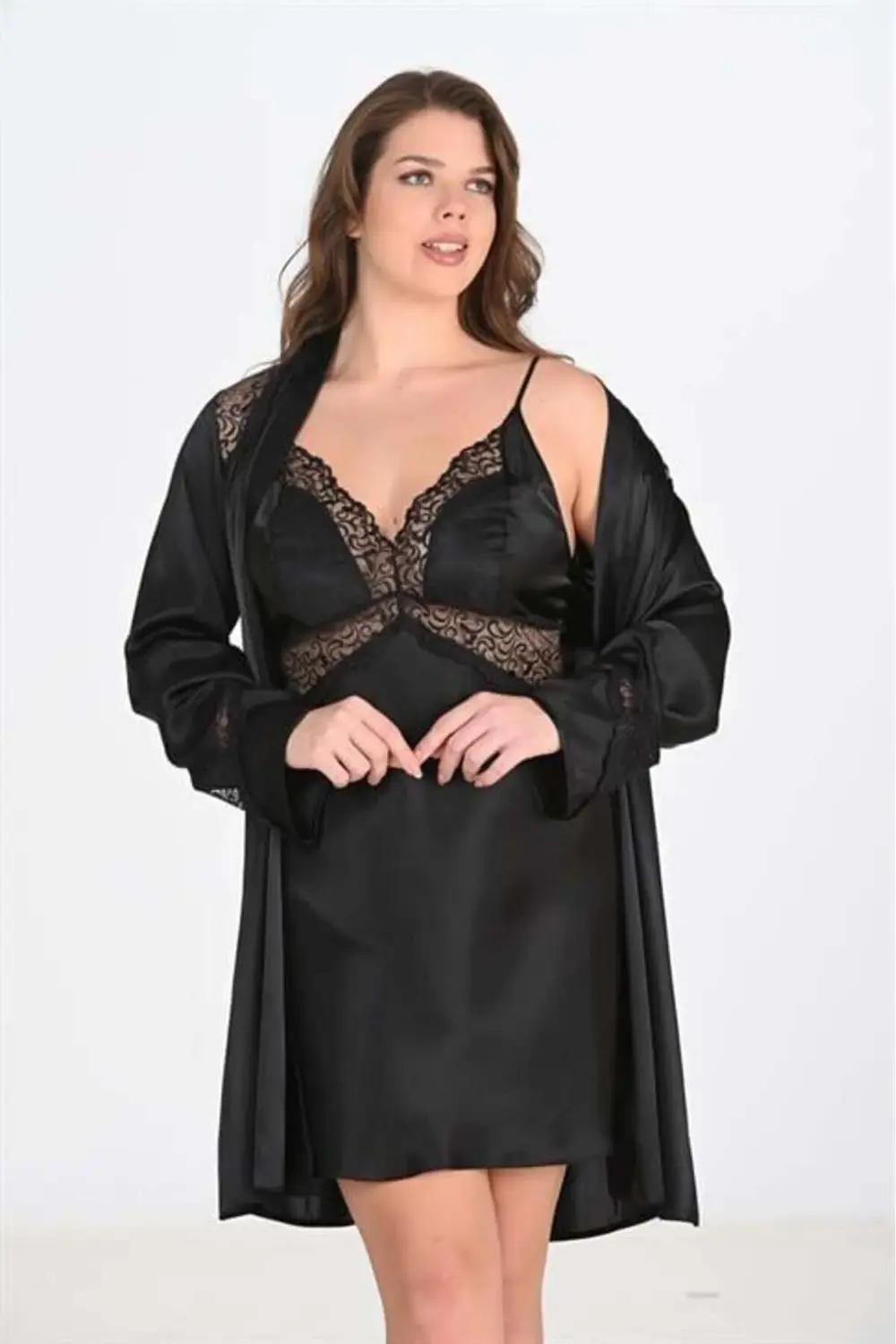 Arias Closet Büyük Beden 2li Siyah Sabahlık Takımı Bigsize