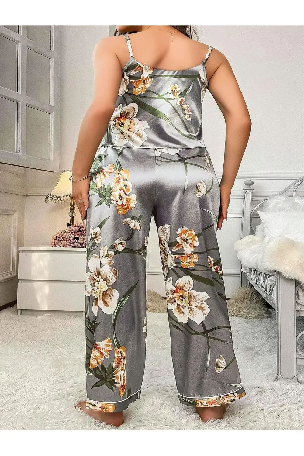 Arias Closet Büyük Beden Çiçek Desenli İnce Askılı Gri 2'li Takım