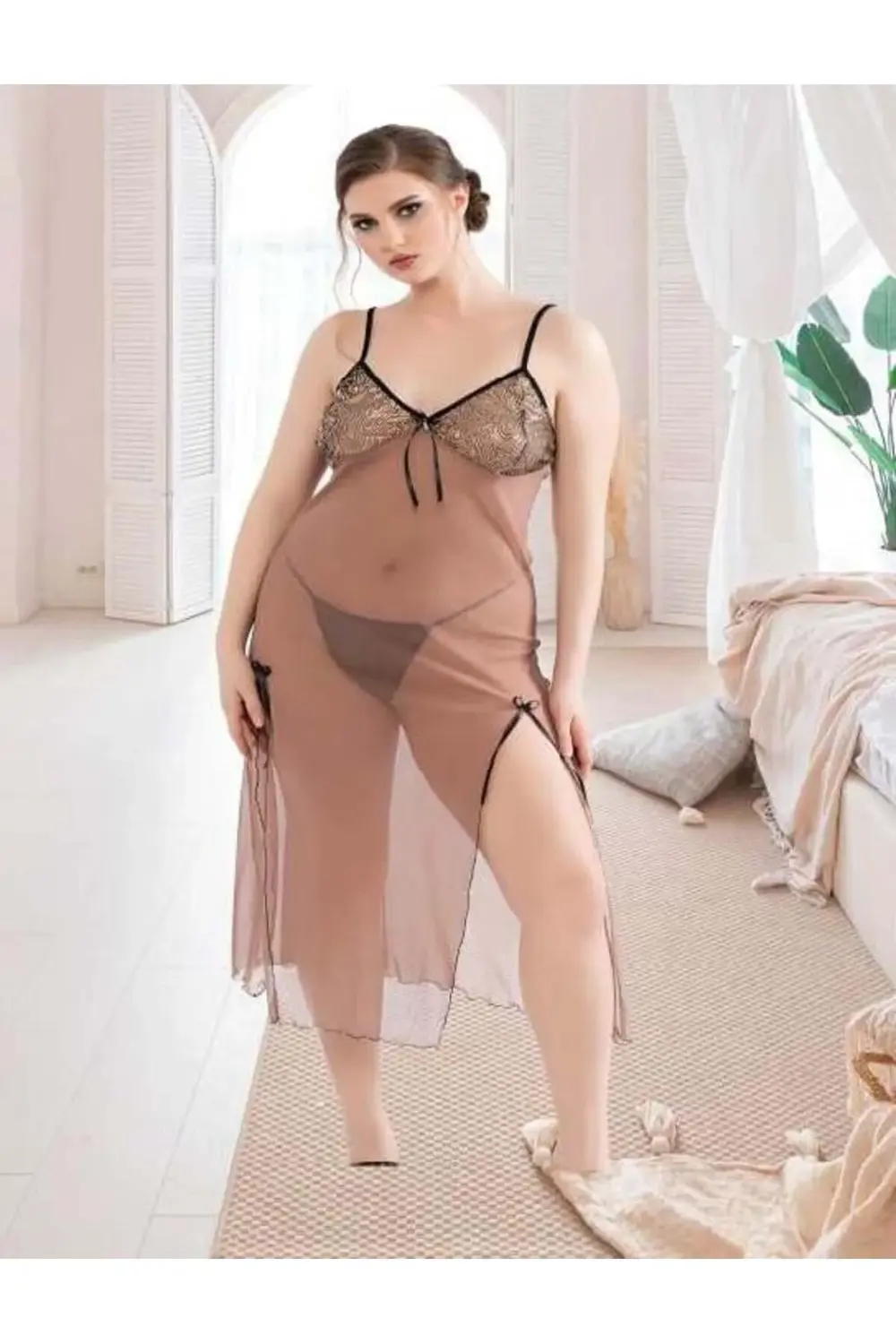 Arias Closet Büyük Beden Kahverengi Tül Fantezi Uzun Yırtmaçlı Ge