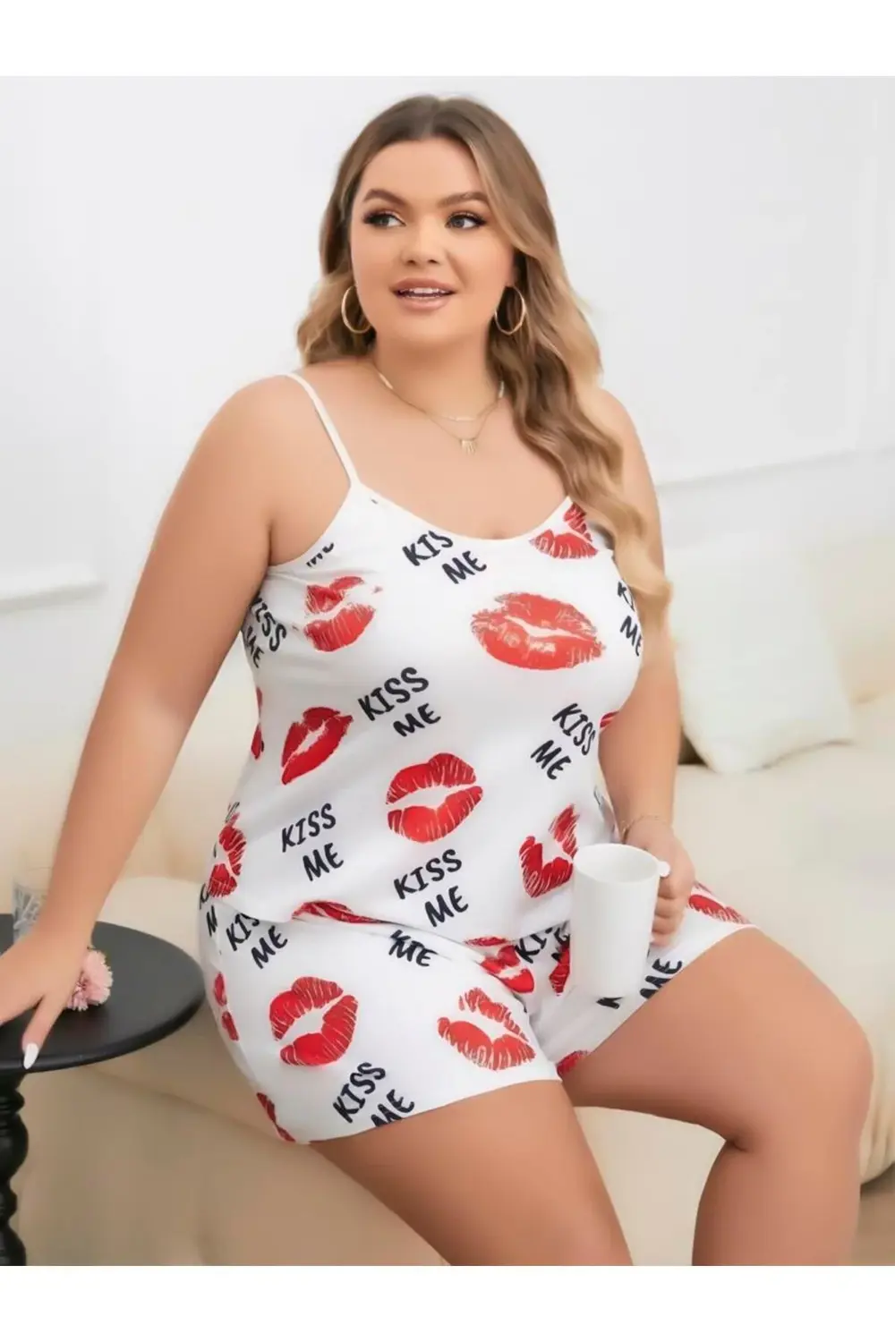 Arias Closet Büyük Beden Kiss Me Öpücük Desen Pamuklu Şortlu Pija