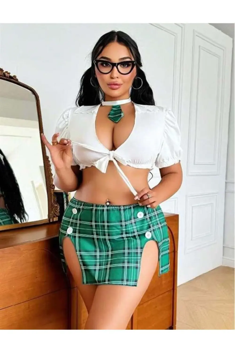 Arias Closet Büyük Beden Kravatlı Yeşil Ekose Desen Etekli Fantez