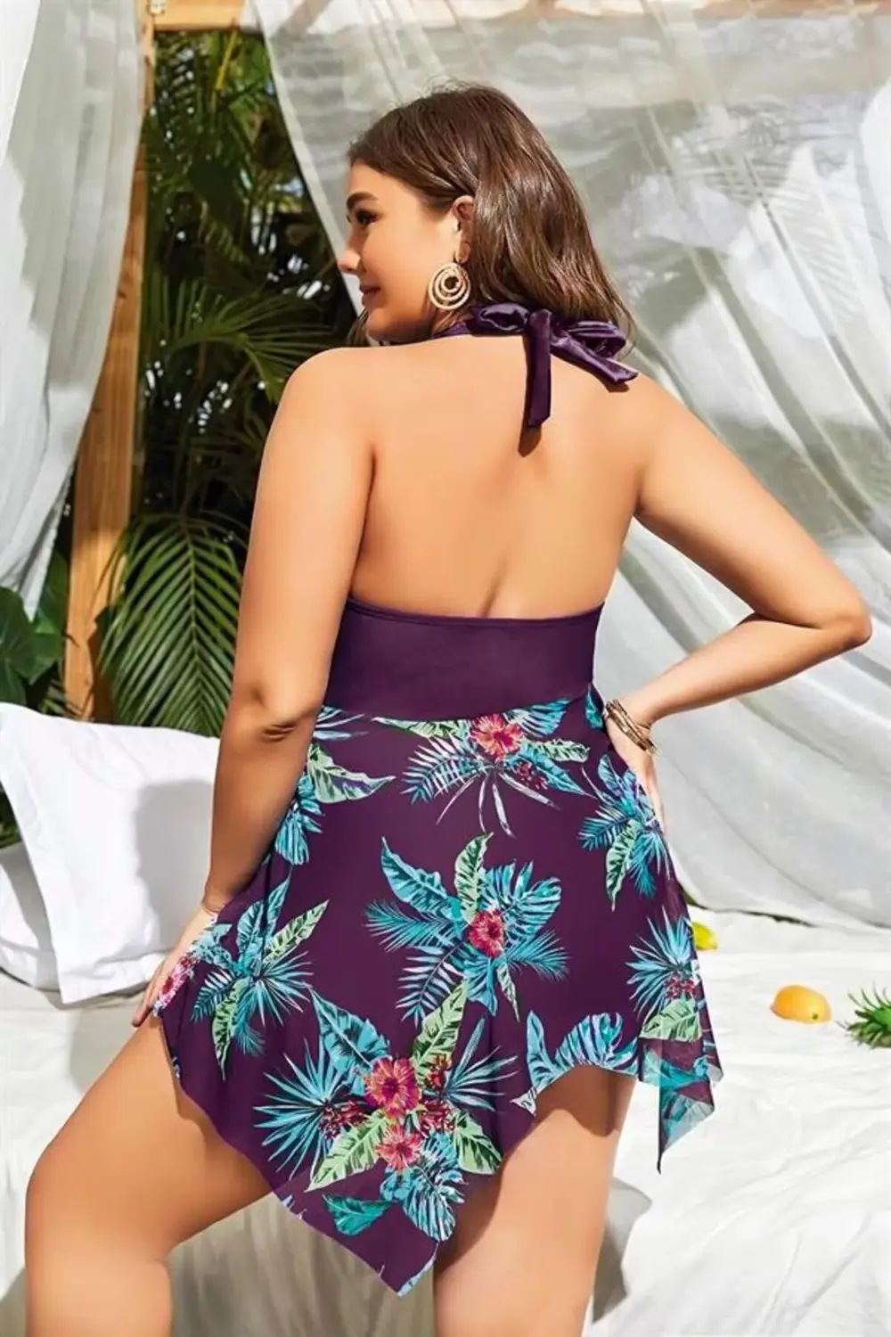 Arias Closet Büyük Beden Mor Üstüne Çiçek Desenli Boyundan Bağlam