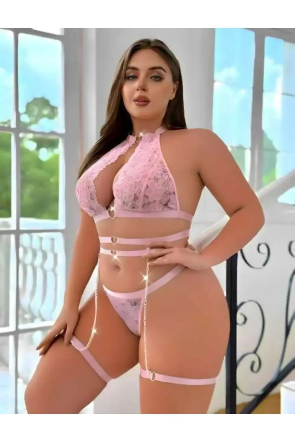 Arias Closet Büyük Beden Pembe Dantel İşlemeli Zincir Detaylı Jar