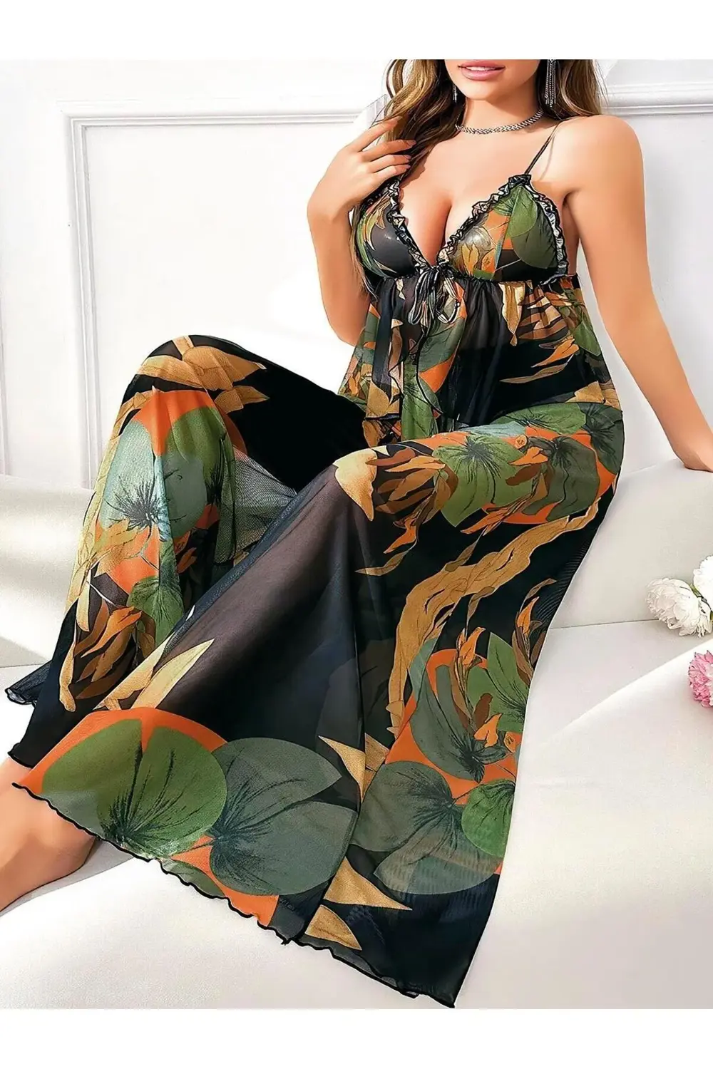 Arias Closet Büyük Beden Renkli Desenli İnce Askılı Salaş 2'li Ta