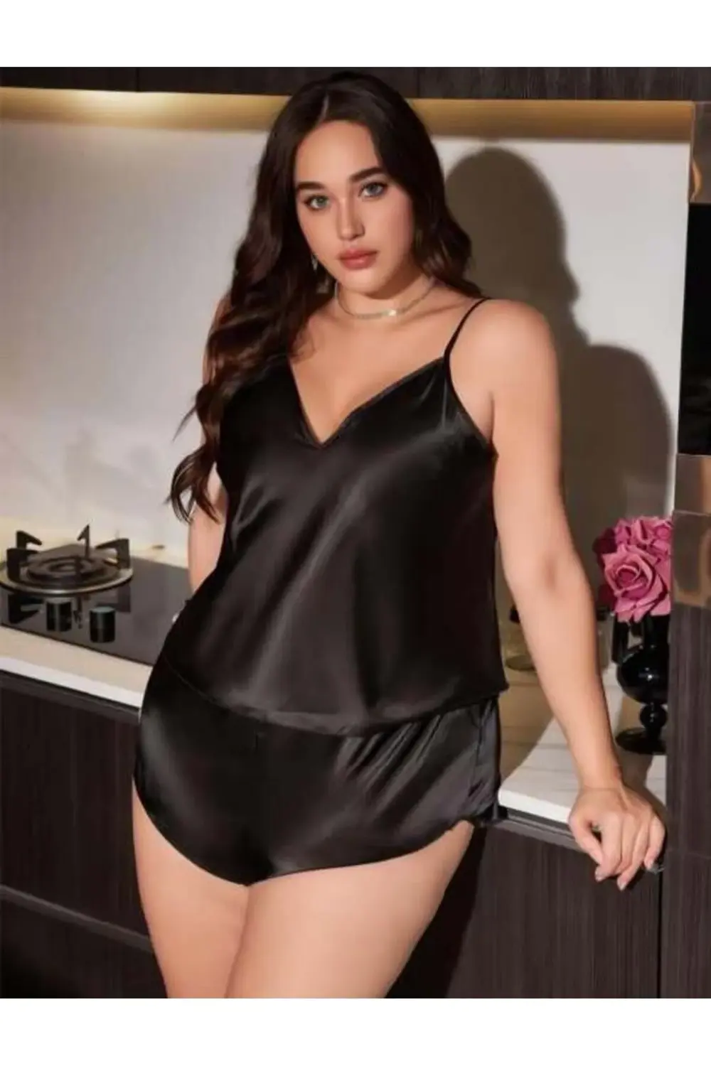 Arias Closet Büyük Beden Siyah Saten Şortlu Takım