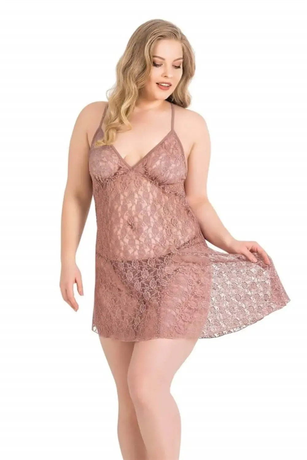 Arias Closet Büyük Beden Vizon Kısa Tül Gecelik