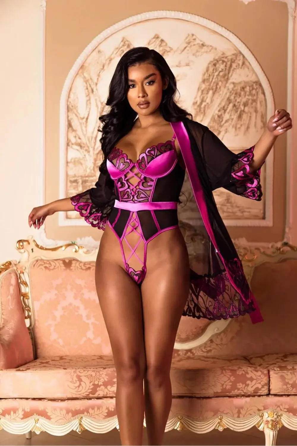 Arias Closet Fuşya Dantel İşlemeli Kalp Desenli Fantezi Gecelik B