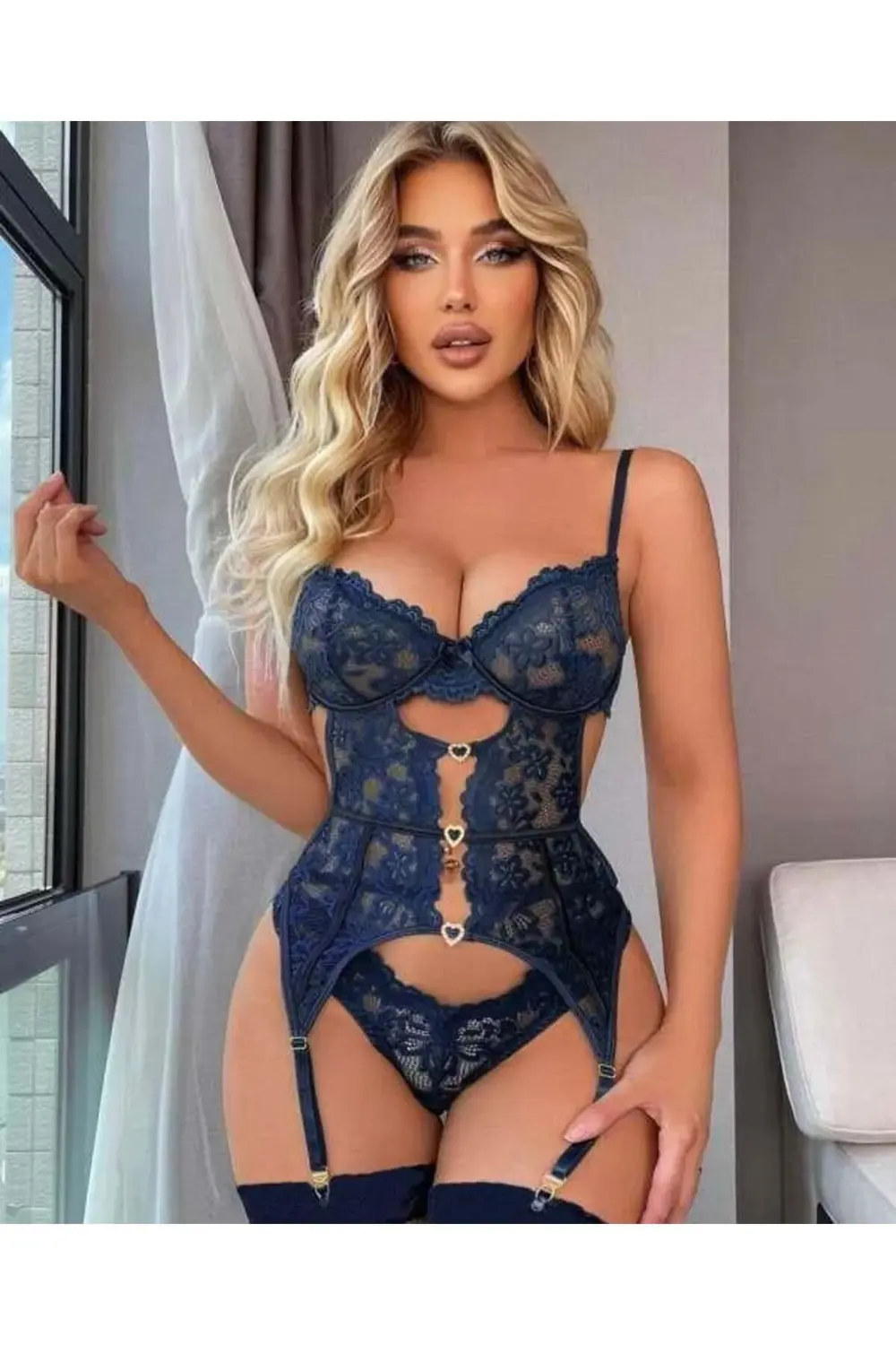 Arias Closet Kalp Aksesuarlı Dantelli Fantezi Mavi Jartiyer Takım