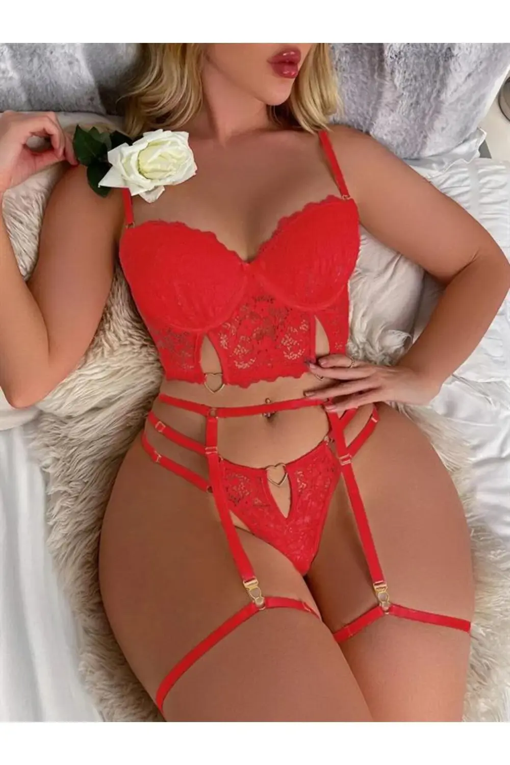 Arias Closet Kırmızı Dantelli Jartiyer Fantezi Seksi Büstiyer Tak