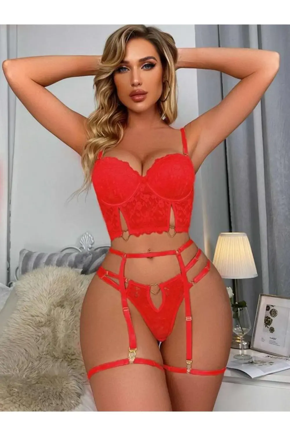 Arias Closet Kırmızı Dantelli Jartiyer Fantezi Seksi Büstiyer Tak
