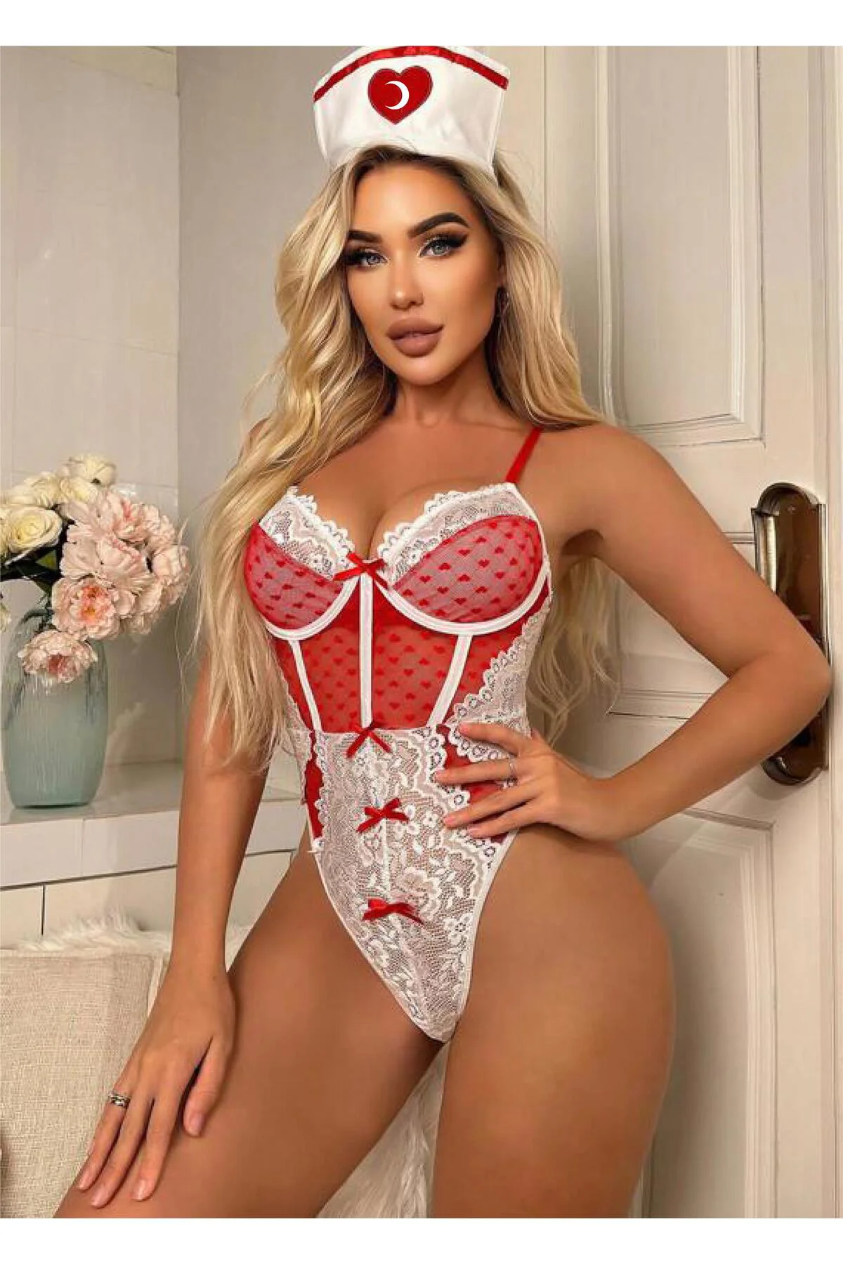 Arias Closet Kırmızı Fantezi Body Hemşire Kostümü