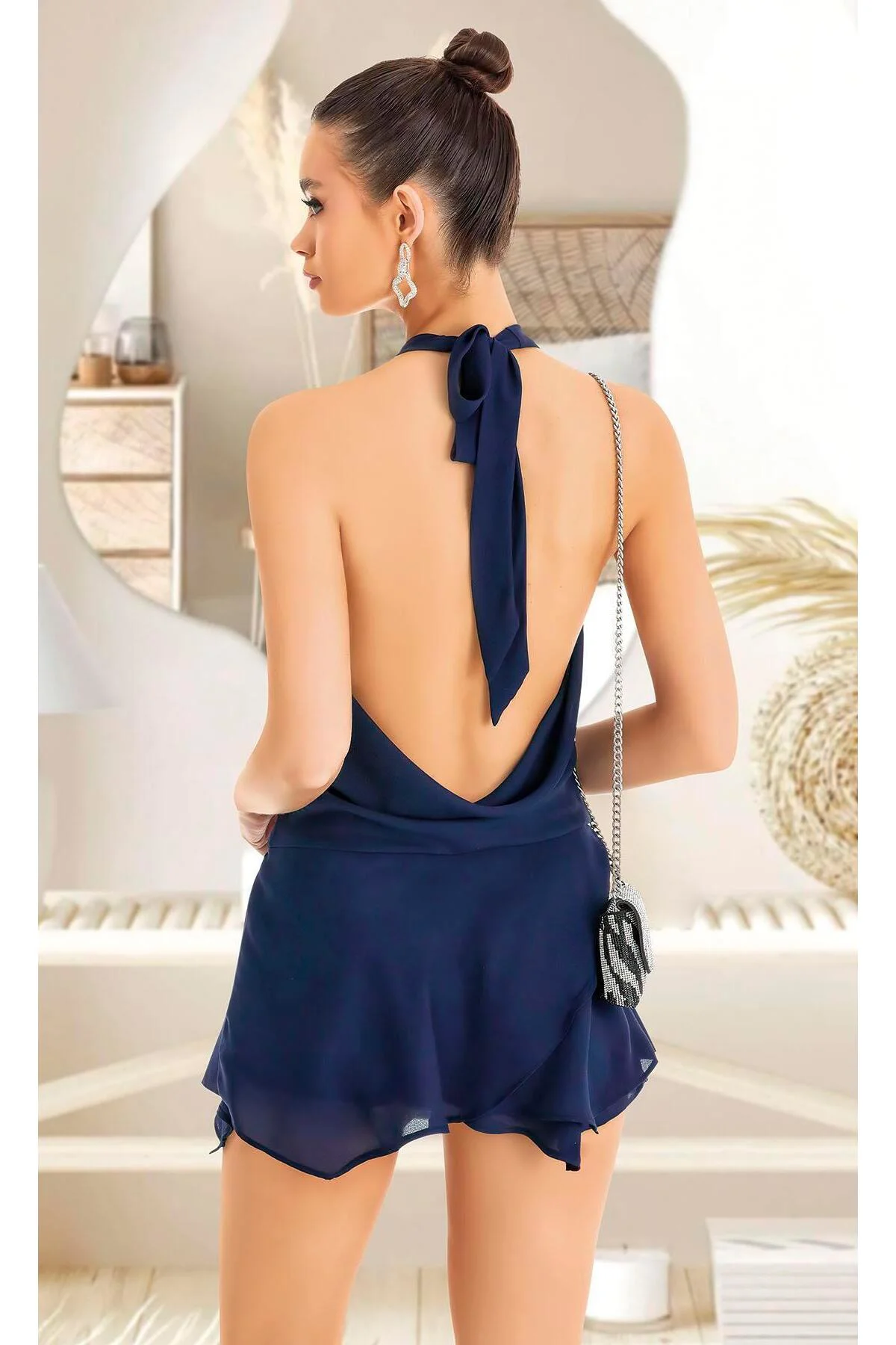 Arias Closet Lacivert Sırt ve Göğüs Dekolteli Fantezi Mini Elbise