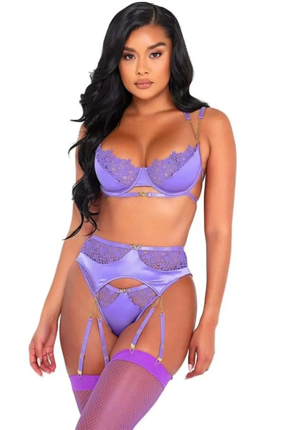 Arias Closet Mor Dantel İşlemeli Zincir Detaylı Fantezi Jartiyer