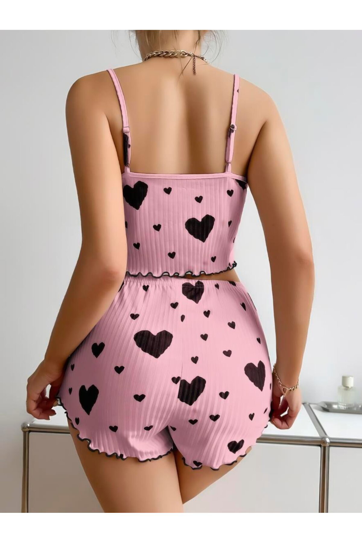 Aria's Closet Arias Closet Pamuklu Pembe Üstüne Siyah Kalp Desenli Askılı Fitil