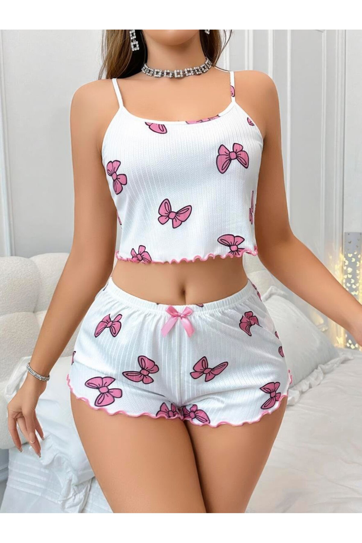 Aria's Closet Arias Closet Pamuklu Beyaz Üstüne Pembe Kurdela Desenli Fitilli A