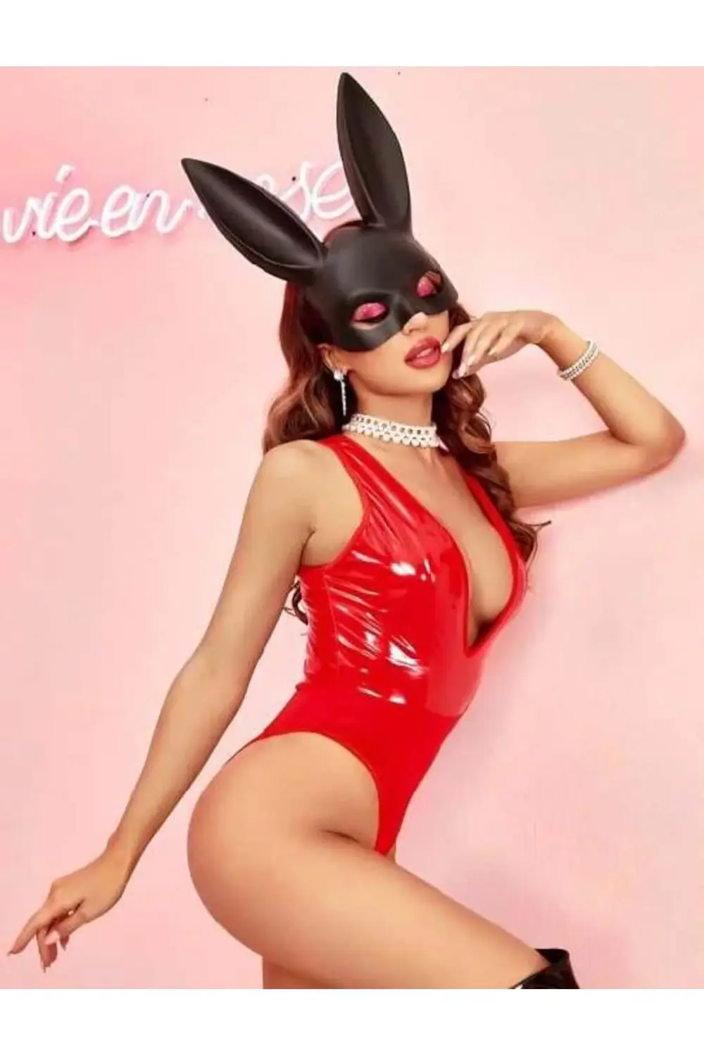 Arias Closet Parlak Kırmızı Deri Fantezi Babydoll