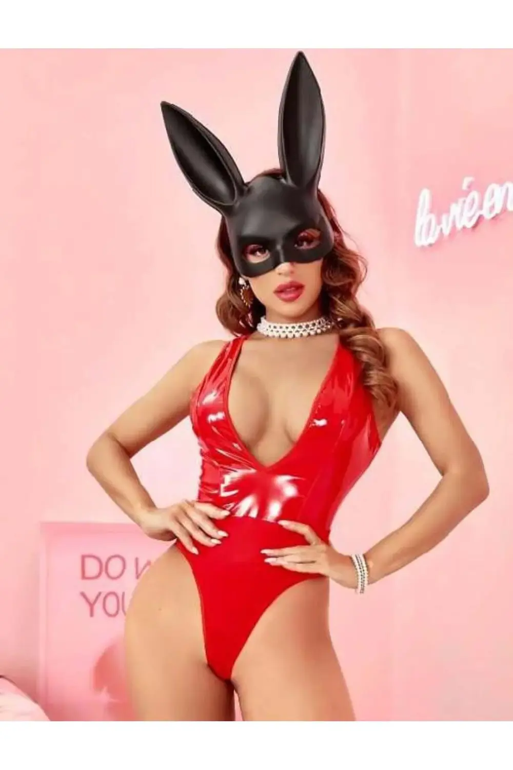 Arias Closet Parlak Kırmızı Deri Fantezi Babydoll