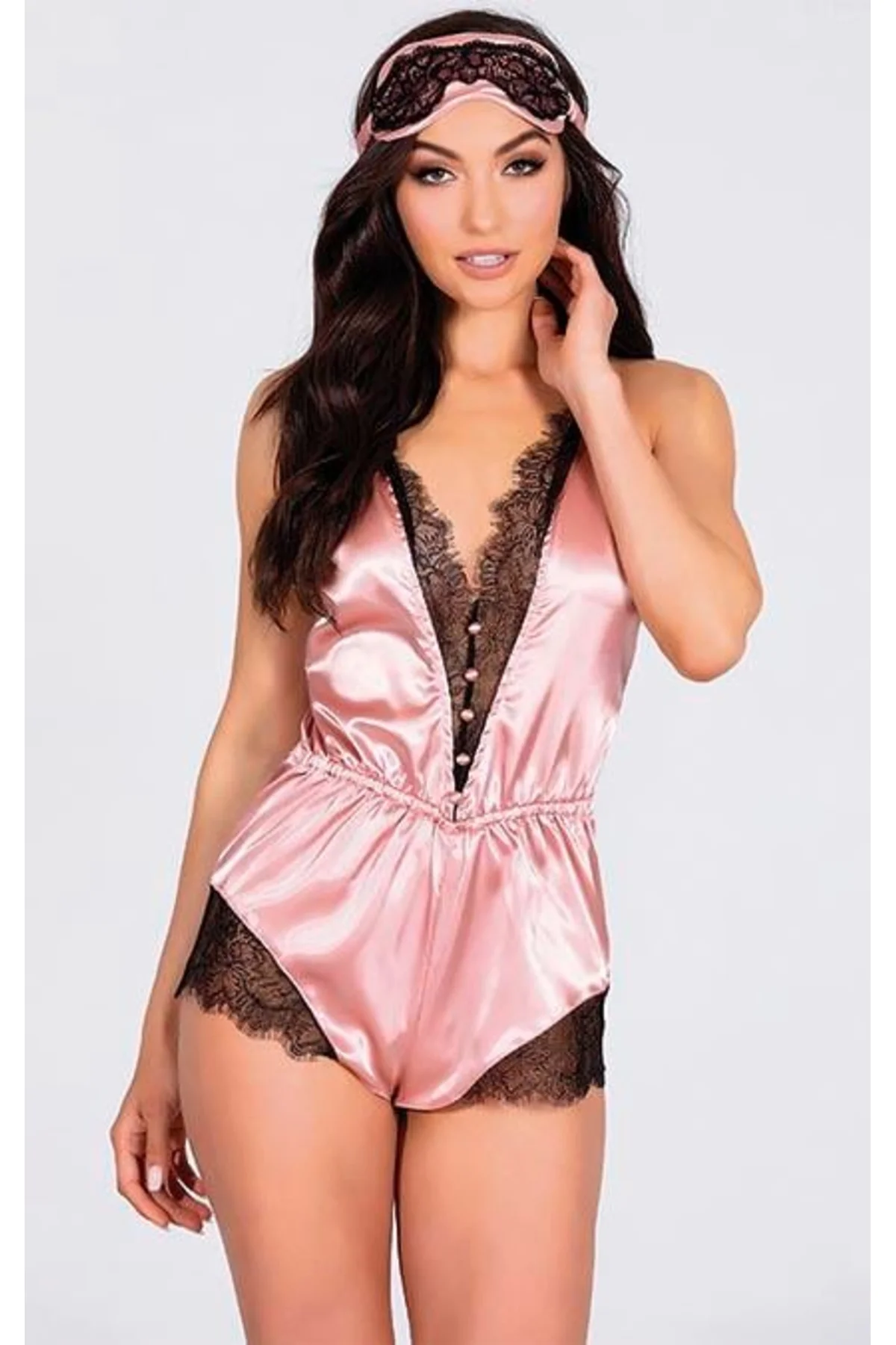 Arias Closet Pembe Dantelli Sırtı Çapraz Saten Şort Tulum