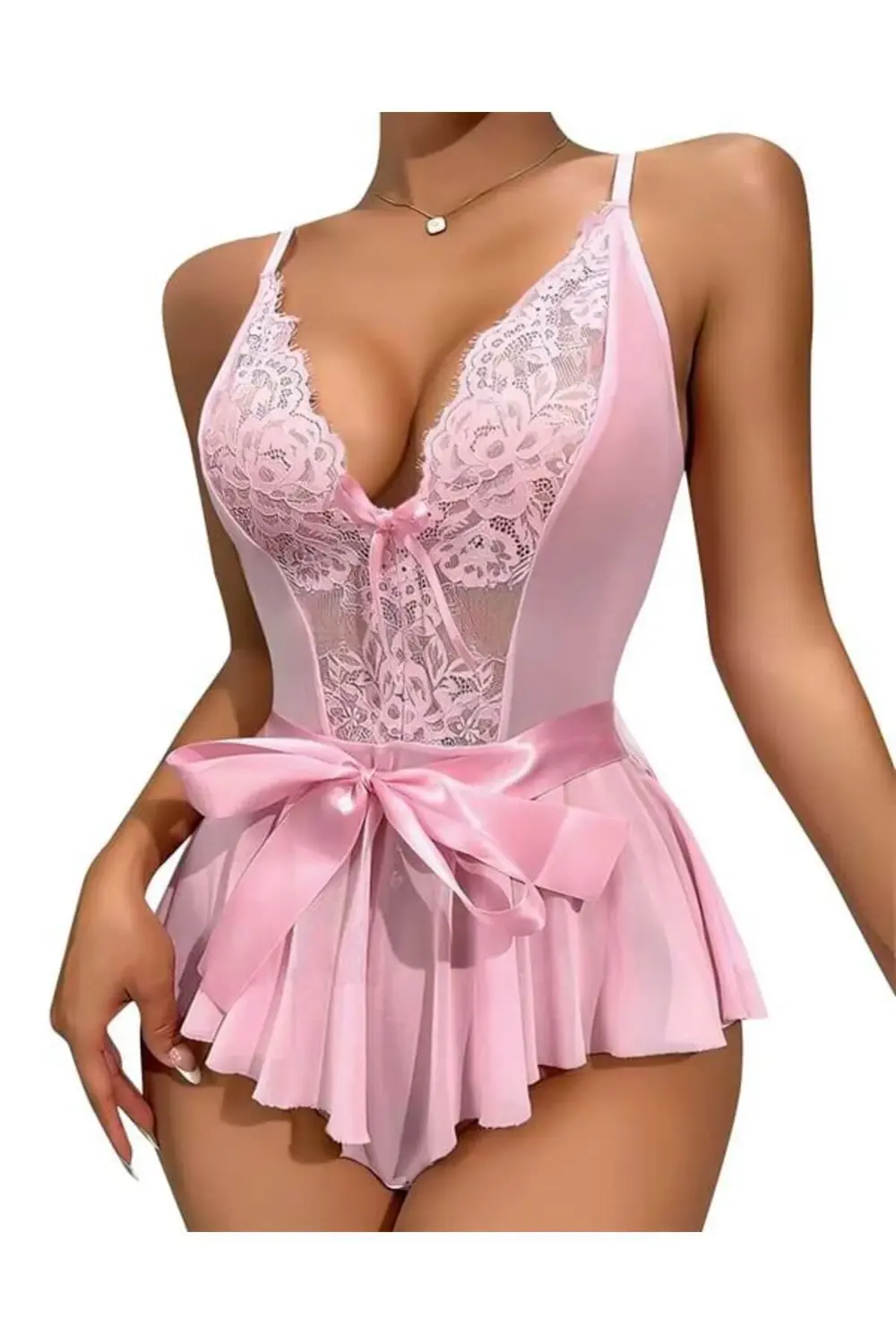 Arias Closet Pembe Dantel İşlemeli Kurdelalı Fantezi Tül Babydoll