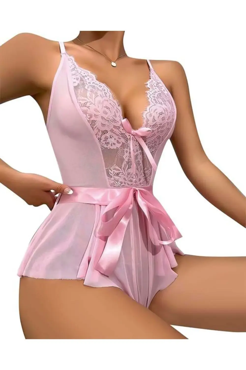 Arias Closet Pembe Dantel İşlemeli Kurdelalı Fantezi Tül Babydoll