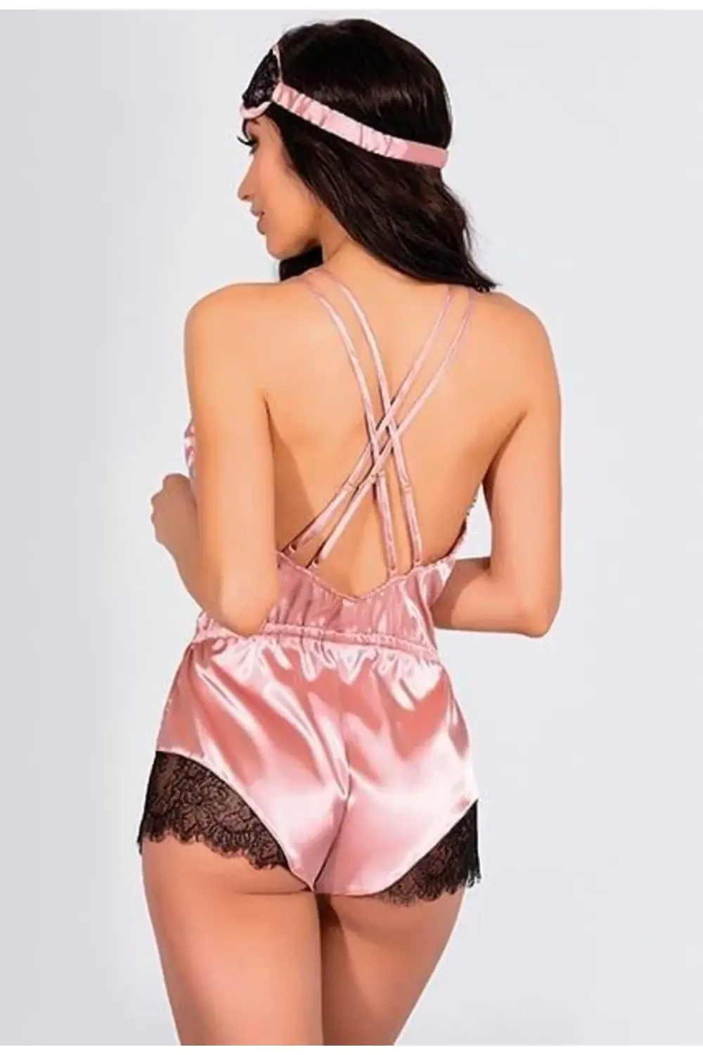 Arias Closet Pembe Dantelli Sırtı Çapraz Saten Şort Tulum