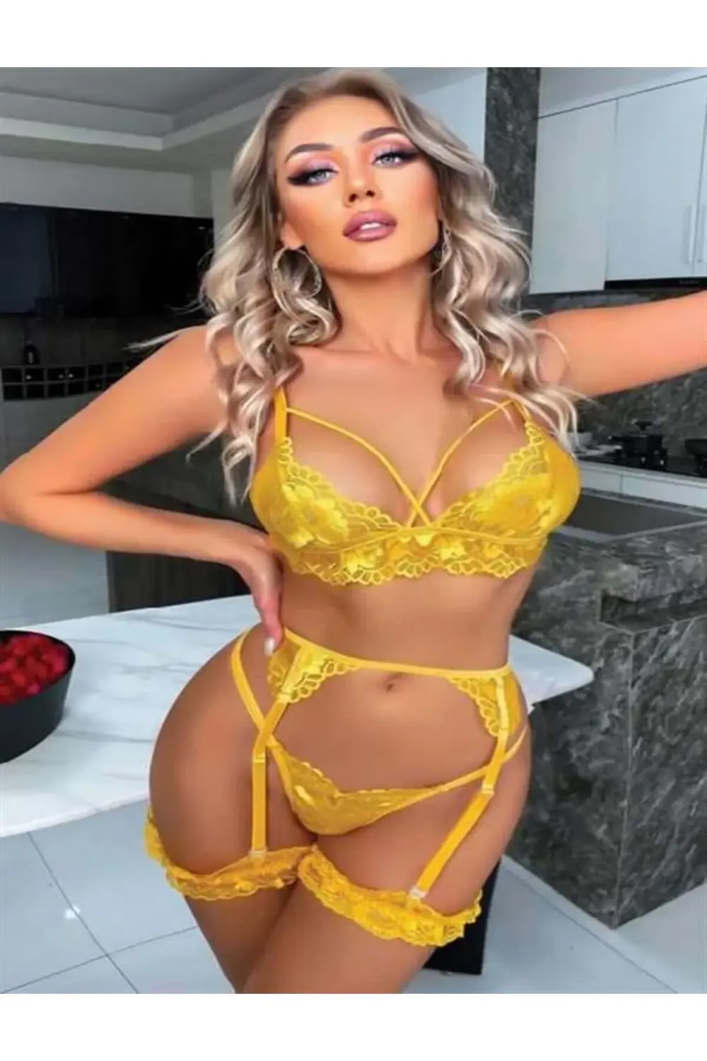 Arias Closet Sarı Göğüs İp Detaylı Fantezi Jartiyer Takım