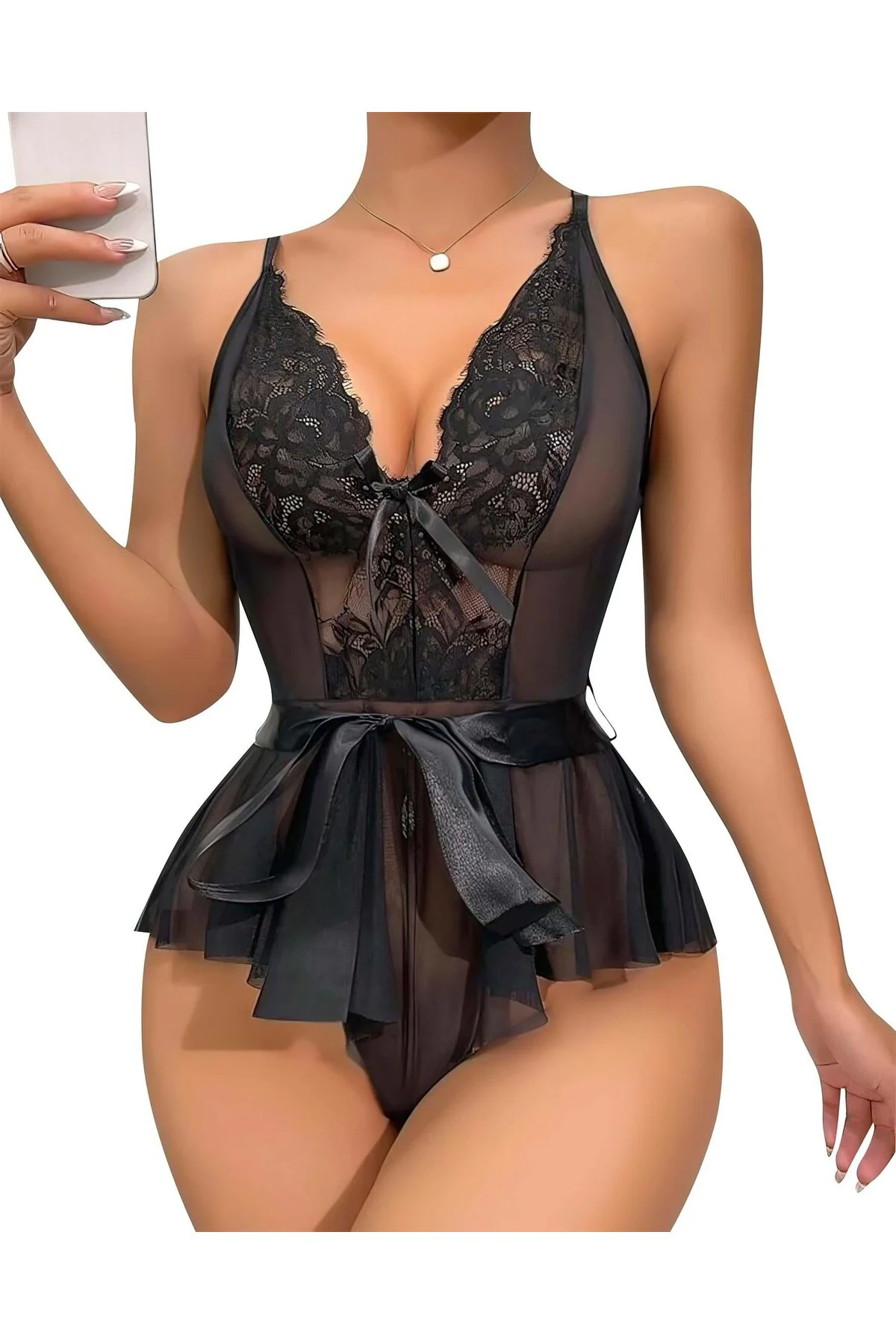 Arias Closet Siyah Dantel İşlemeli Kurdelalı Fantezi Tül Babydoll Arias Closet Siyah Dantel İşlemeli Kurdelalı Fantezi Tül Babydoll