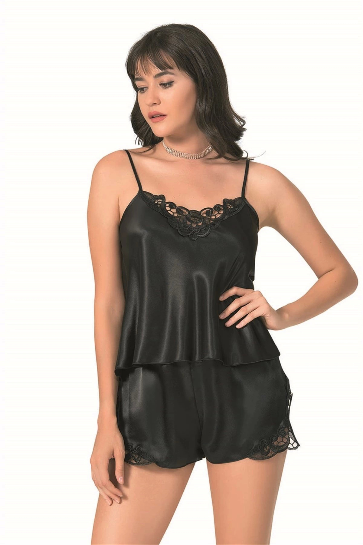 Aria's Closet Arias Closet Siyah Saten Babydoll Şort Takimi