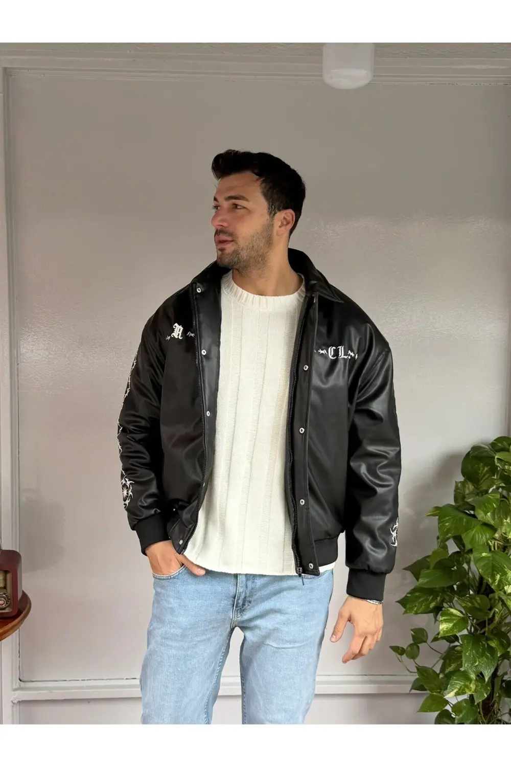 Arka Nakış Retro Deri Ceket