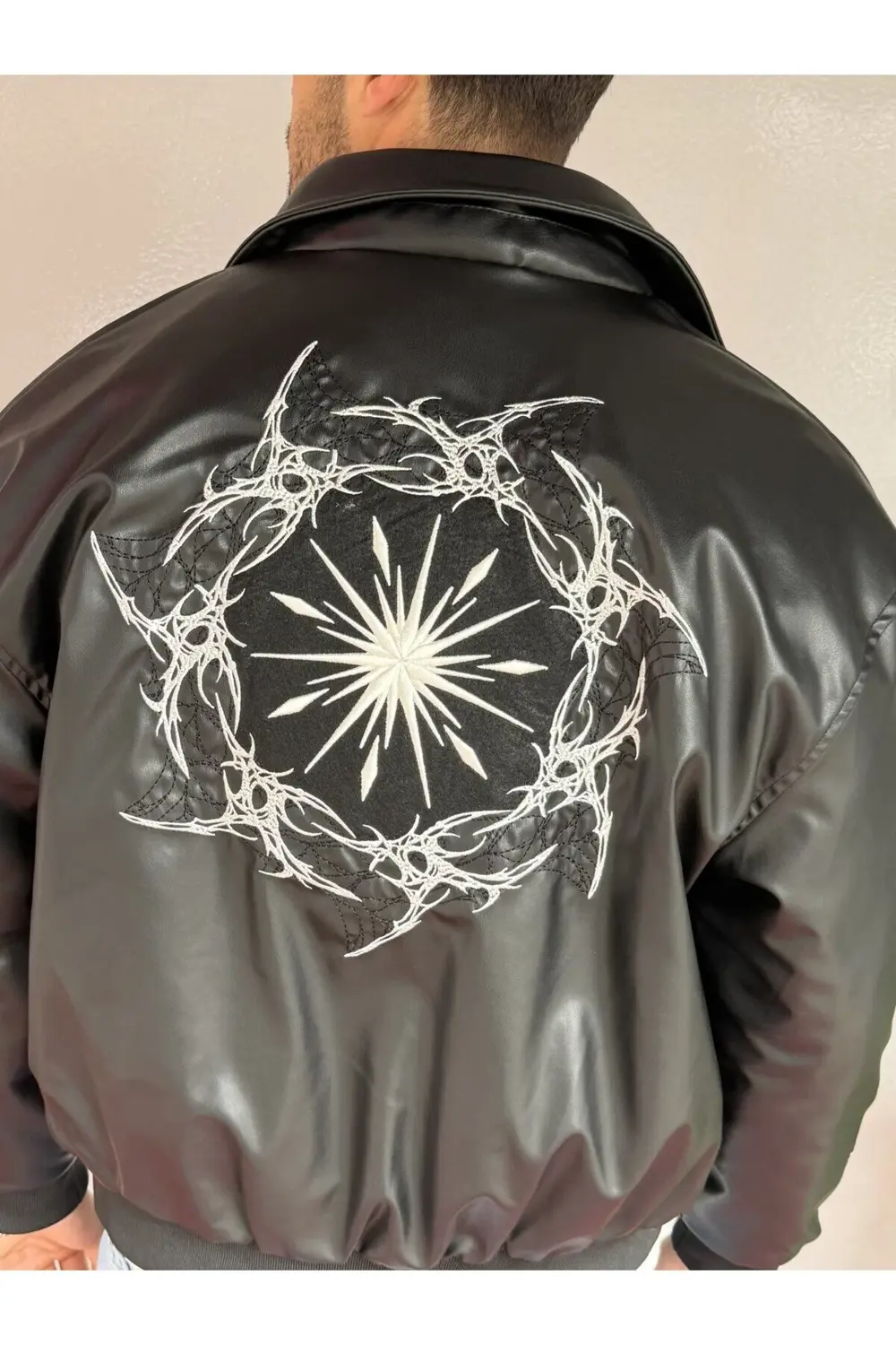 Arka Nakış Retro Deri Ceket