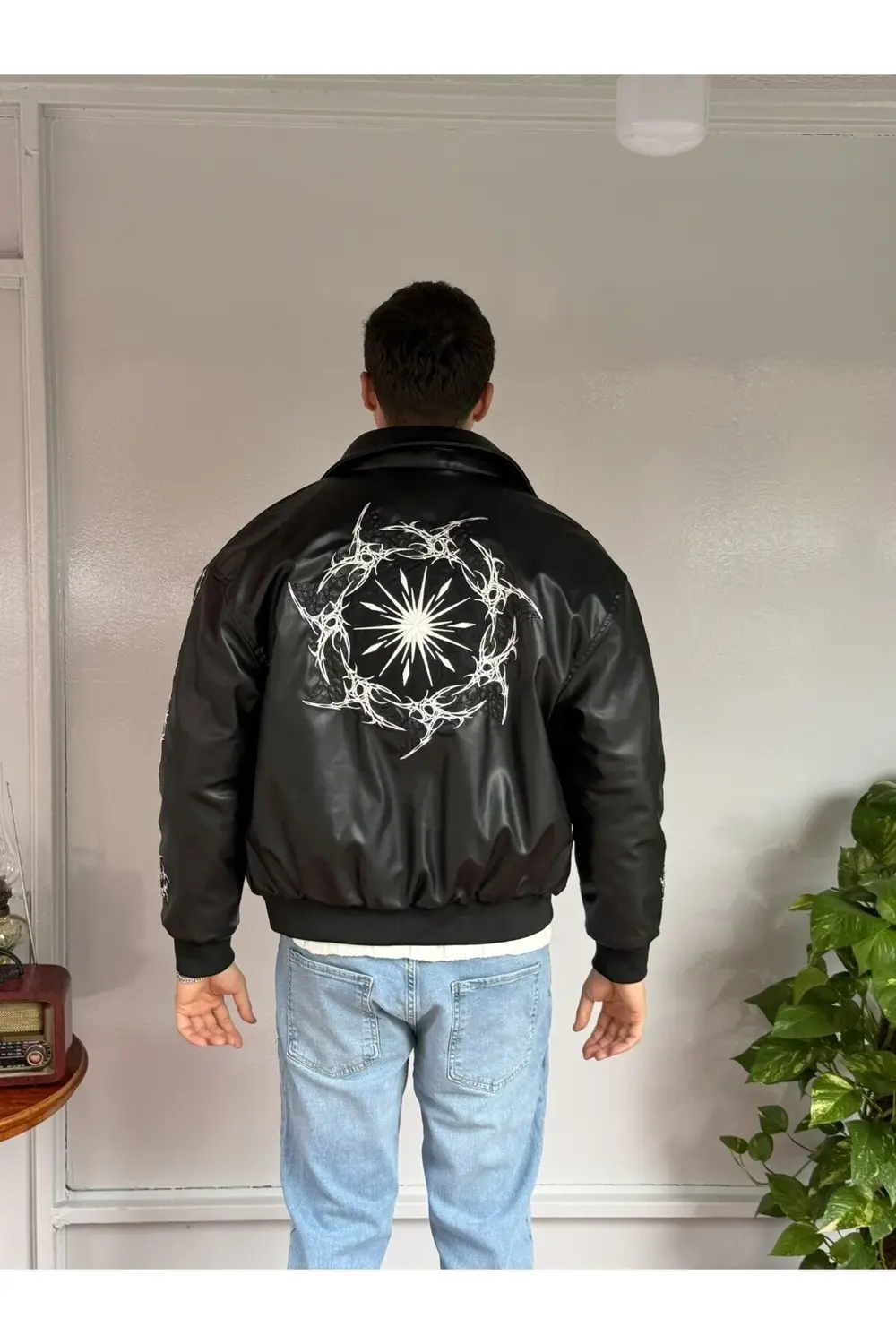 Arka Nakış Retro Deri Ceket