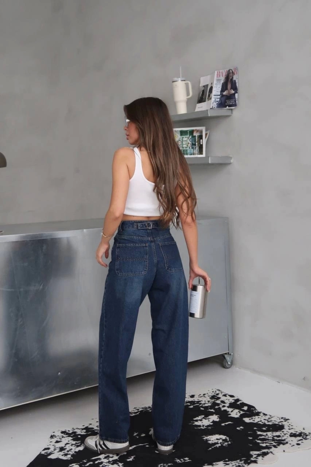 Kazax Arkadan Tokalı Mavi Yüksek Bel Boru Paça Spor Smart Casual Jeans