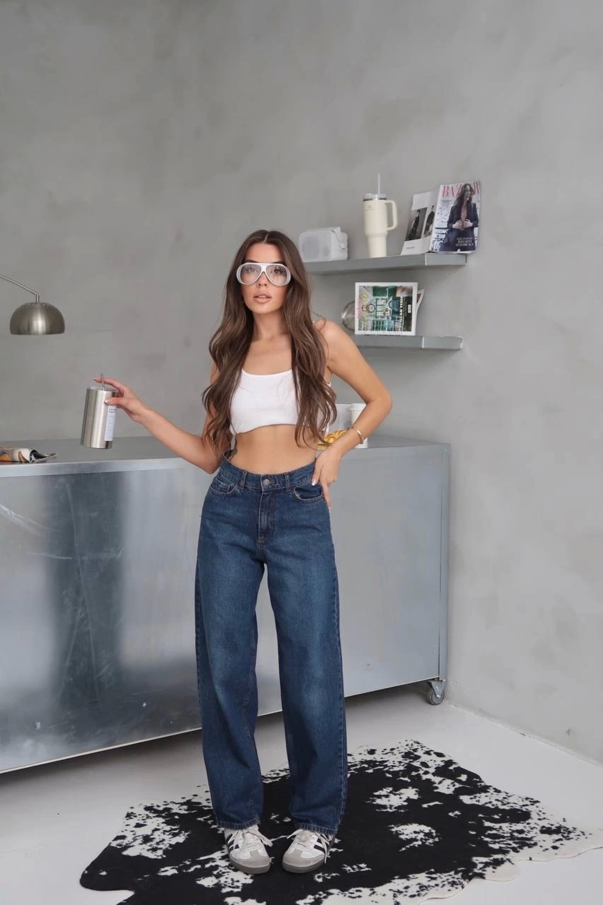 Kazax Arkadan Tokalı Mavi Yüksek Bel Boru Paça Spor Smart Casual Jeans