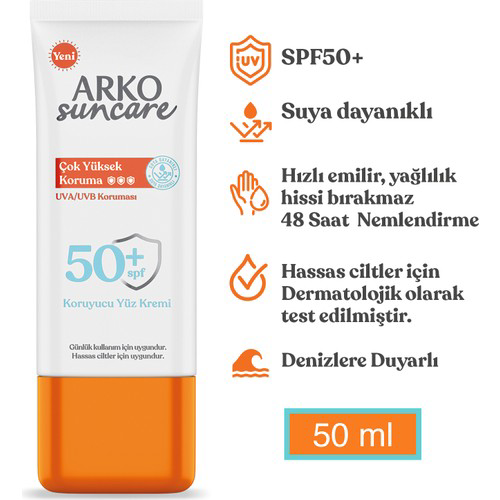 Arko  Suncare Spf50+ Çok Yüksek Korumali Yüz Güneş Kremi 50 Ml