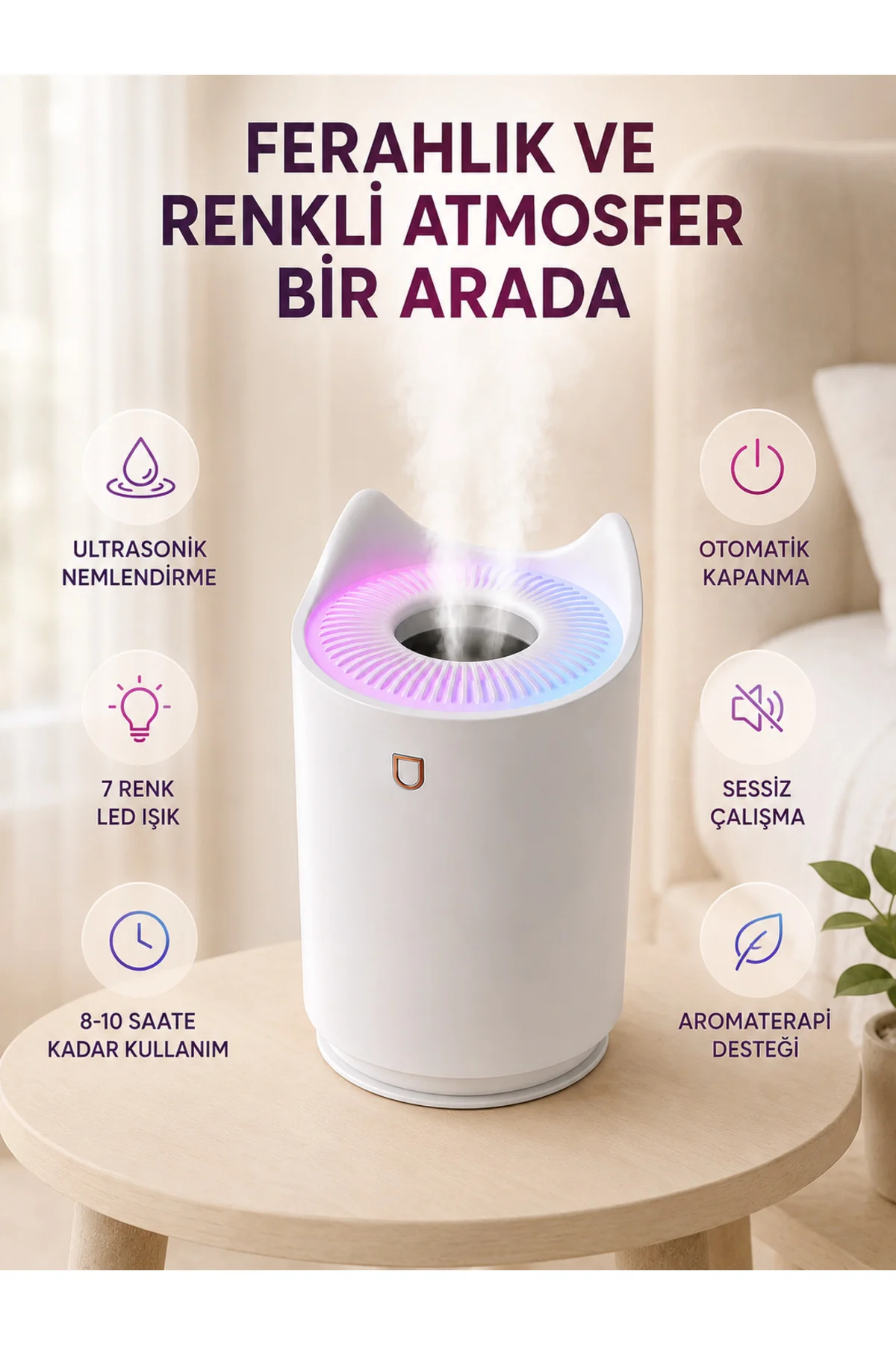 Aroma Difüzör Hava Nemlendirici Sessiz Çalışma LED Gece Lambası - Görsel 3