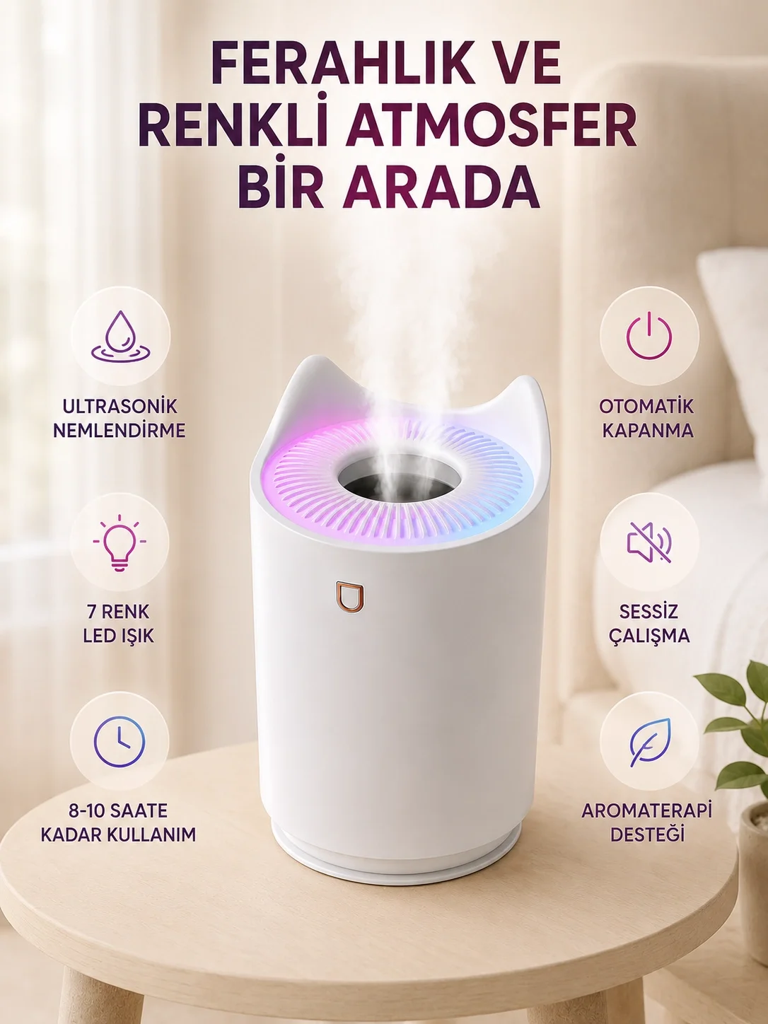 Aroma Difüzör Hava Nemlendirici Sessiz Çalışma LED Gece Lambası Fiyatı, Yorumları ve Özellikleri