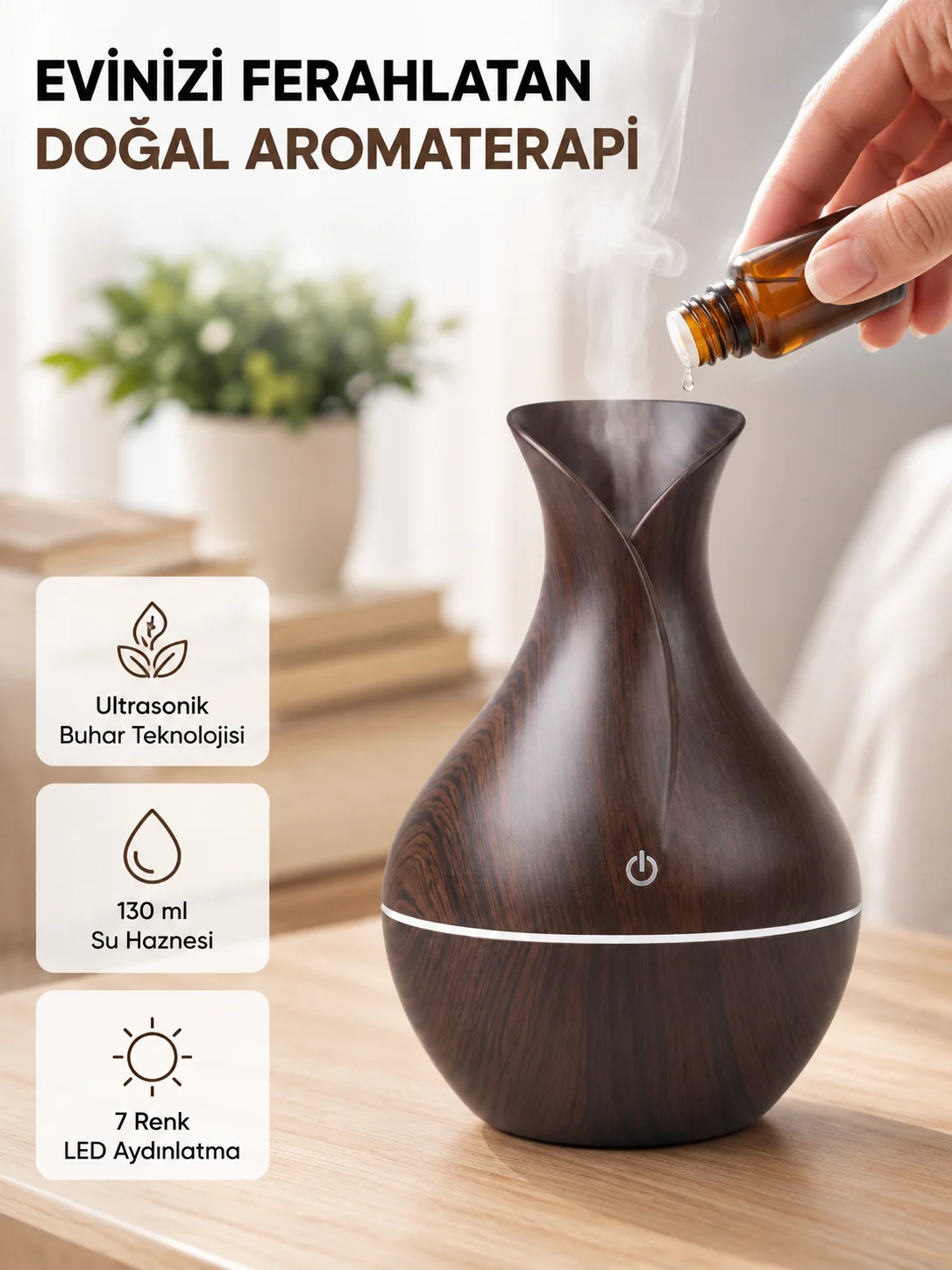 Aromaterapi Difüzör Ahşap Desenli ve Ultrasonik Nemlendirici LED Işıklı