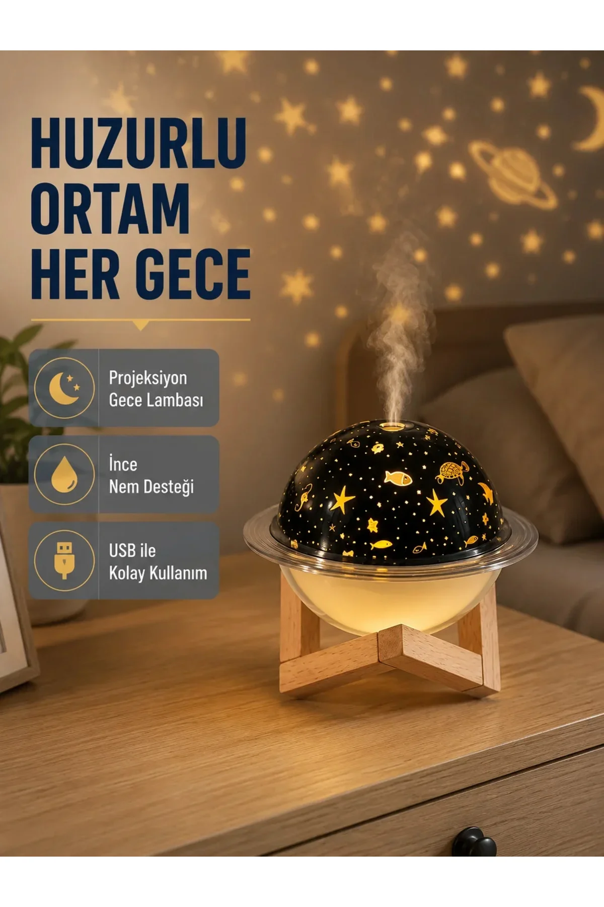 Aromaterapili USB Hava Nemlendirici – Projeksiyon Işıklı, Sessiz ve Şık Tasarım